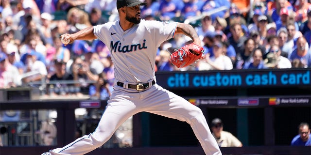 Miami Marlins pitcher Sandy Alcantara delivers against the New York Mets during the first inning of a baseball game, Sunday, July 10, 2022, in New York.