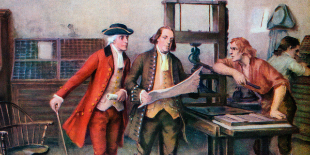 Benjamin Franklin and associates at Franklin's printing press in 1732, in a screen print, 1954. Franklin became a colonial postmaster under the British in 1737; and in 1775, the Second Continental Congress appointed him first postmaster for the United States.
