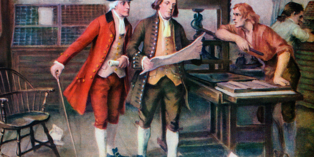 Benjamin Franklin and associates at Franklin's printing press in 1732, in a screen print, 1954. Franklin became a colonial postmaster under the British in 1737; and in 1775, the Second Continental Congress appointed him first postmaster for the United States.