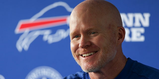 Sean McDermott of the Buffalo Bills speaks during a press conference during Bills training camp at St. John Fisher University July 24, 2022, in Pittsford, N.Y.