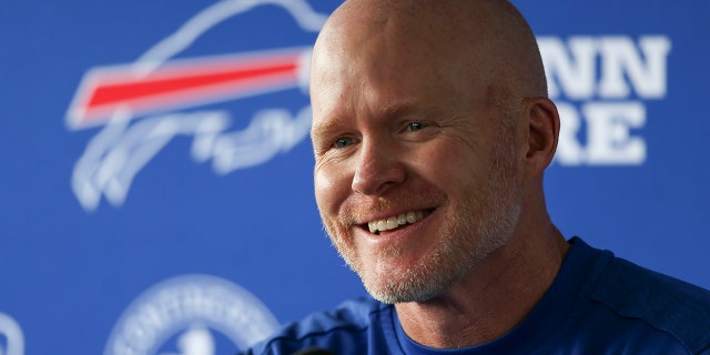 Sean McDermott of the Buffalo Bills speaks during a press conference during Bills training camp at St. John Fisher University July 24, 2022, in Pittsford, N.Y.