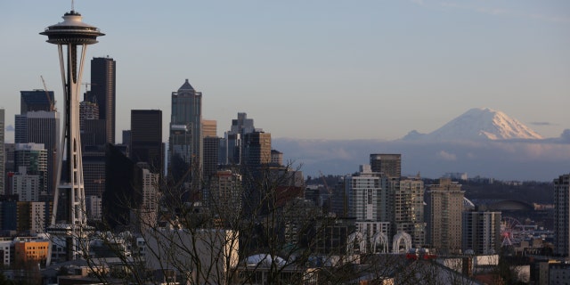 The Space Needle and Mount Rainier are seen on the skyline of Seattle, Washington, U.S. February 11, 2017.