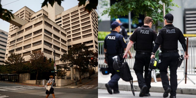 A pedestrian crosses the street near the King County Correctional Facility in downtown Seattle, Washington, U.S., September 17, 2020. Picture taken September 17, 2020. REUTERS/Lindsey Wasson Seattle Police officers carry gear as they walk towards the Seattle Police Department's West Precinct in Seattle, Washington, U.S. June 10, 2020. REUTERS/Lindsey Wasson