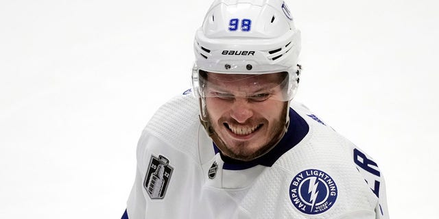 Tampa Bay Lightning defenseman Mikhail Sergachev celebrates his goal against the Colorado Avalanche during the second period of Game 1 of the NHL hockey Stanley Cup Final on Wednesday, June 15, 2022, in Denver. 