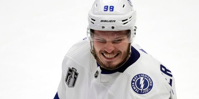 Tampa Bay Lightning defenseman Mikhail Sergachev celebrates his goal against the Colorado Avalanche in the second period of Game 1 of the NHL Stanley Cup Final on Wednesday, June 15, 2022, in Denver.