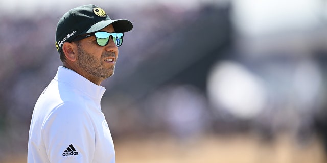 Sergio Garcia watches from the fourth hole during the 150th Open on July 16, 2022, in St Andrews, Scotland.