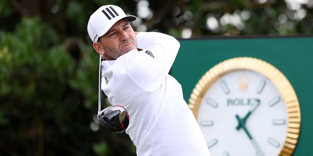 Sergio Garcia tees off at the 150th Open at St. Andrews Old Course on July 14, 2022, in Scotland.