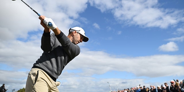 Sergio Garcia plays a practice shot before the 150th Open at St. Andrews Old Course on July 13, 2022, in St Andrews, Scotland.