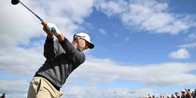 Sergio Garcia plays a practice shot before the 150th Open at St. Andrews Old Course on July 13, 2022, in St Andrews, Scotland.