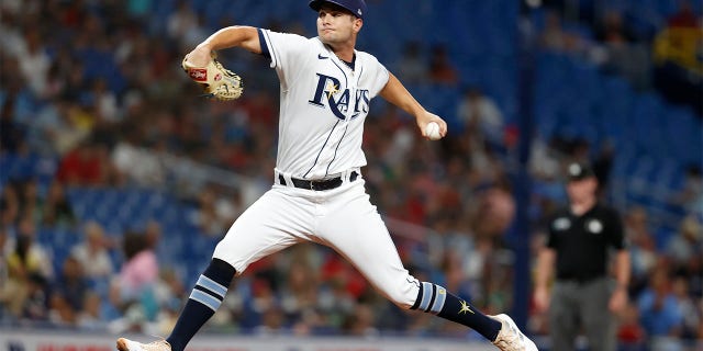 Tampa Bay Rays starting pitcher Shane McClanahan throws to a Boston Red Sox batter during the sixth inning of a baseball game Wednesday, July 13, 2022, in St. Petersburg, Fla.