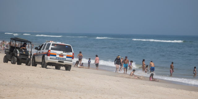 Town of Oyster Bay Constable with public safety and the Nassau County Police keep an eye on the waters off Tobay Beach for sharks on July 14, 2022 in Massapequa, New York.