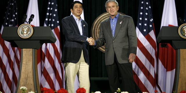 Japan's Shinzo Abe met with US Presidents Bush, Obama, Trump in years as prime minister 2 FILE - President George W. Bush shakes hands with Japanese Prime Minister Shinzo Abe during a press conference on April 27, 2007, at Camp David, Maryland.