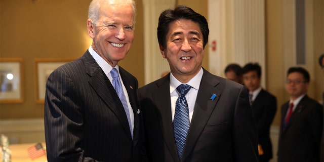 FILE - Vice President Joe Biden meets with Japanese Prime Minister Shinzo Abe on Sept. 26, 2014, in New York City.