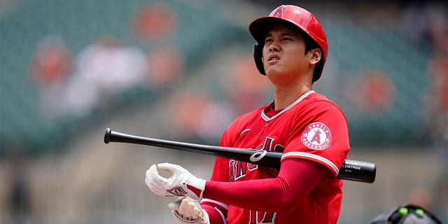 Los Angeles Angels designated hitter Shohei Ohtani during an at bat in the fourth inning of a baseball game against the Baltimore Orioles, Sunday, July 10, 2022, in Baltimore. 