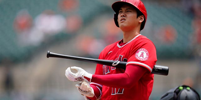 Los Angeles Angels designated hitter Shohei Ohtani during an at bat in the fourth inning of a baseball game against the Baltimore Orioles, Sunday, July 10, 2022, in Baltimore.