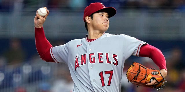 Los Angeles Angels starting pitcher Shohei Ohtani (17) throws during the first inning of the team's baseball game against the Miami Marlins, Wednesday, July 6, 2022, in Miami. 