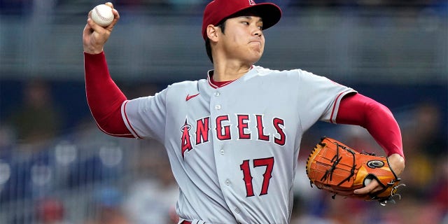 Los Angeles Angels starting pitcher Shohei Ohtani (17) throws during the first inning of the team's baseball game against the Miami Marlins, Wednesday, July 6, 2022, in Miami.