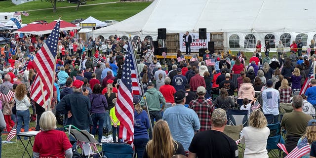 Republican Michigan gubernatorial candidate Garrett Soldano speaks at the We the People's Leadership rally on September 25, 2021 in Ellsworth, Michigan.