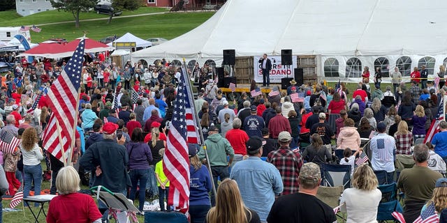 Republican Michigan gubernatorial candidate Garrett Soldano speaks at the We the People's Leadership rally on September 25, 2021 in Ellsworth, Michigan.