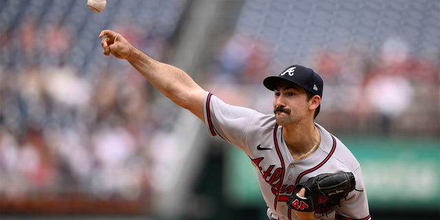 Atlanta Braves starting pitcher Spencer Strider throws during the first inning of a baseball game against the Washington Nationals, Sunday, July 17, 2022, in Washington. 