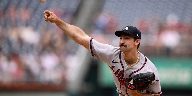 Atlanta Braves starting pitcher Spencer Strider throws during the first inning of a baseball game against the Washington Nationals, Sunday, July 17, 2022, in Washington.