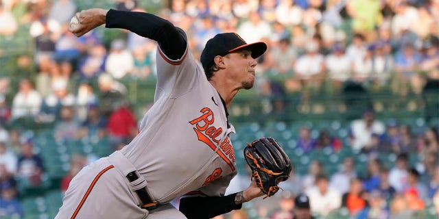Baltimore Orioles starting pitcher Spenser Watkins delivers during the first inning of the team's baseball game against the Chicago Cubs on Wednesday, July 13, 2022, in Chicago.