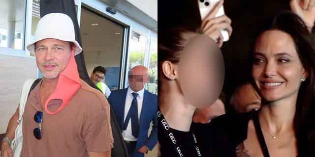 A photo split of Brad Pitt arriving in Rome to visit his children, and Angelina Jolie attending a concert with her daughter, also in Rome, on July 9, where the actress is filming her latest movie.
