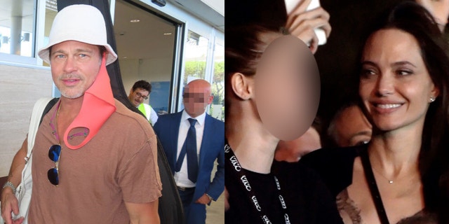 A photo split of Brad Pitt arriving in Rome to visit his children, and Angelina Jolie attending a concert with her daughter, also in Rome, on July 9, where the actress is filming her latest movie.