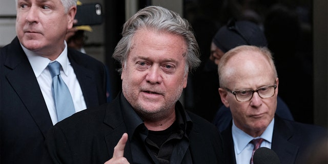 Former Trump White House Chief Strategist Steve Bannon speaks to the media in the US District Court in Washington on July 21, 2022. 