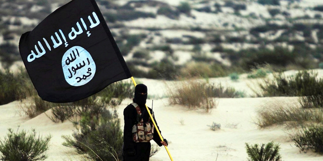 A masked Islamic State soldier poses holding the ISIS flag in 2015. 
