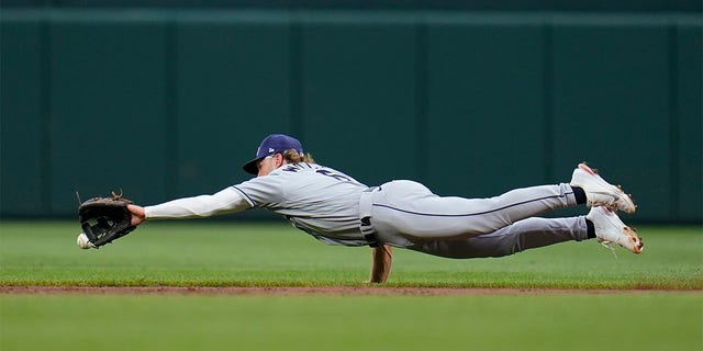 Tampa Bay Rays shortstop Taylor Walls makes a diving attempt on a hit by Baltimore Orioles' Anthony Santander during the second inning of a baseball game, Wednesday, July 27, 2022, in Baltimore. 