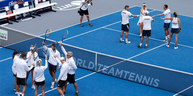 The Springfield Lasers, left, and Orlando Storm, right, are introduced at the start of the World Teamtennis tournament at an empty tennis arena at The Greenbrier Resort on July 12, 2020, in White Sulphur Springs, W.Va. World TeamTennis, the mixed-gender league co-founded nearly a half-century ago by Billie Jean King, will not have a season in 2022 but plans to return next year, the league announced Wednesday, July 20, 2022