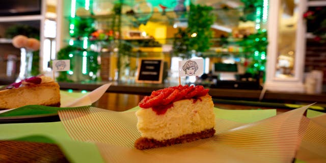 A piece of cheesecake is photographed at The Golden Girls Kitchen pop- up restaurant in Beverly Hills, California.