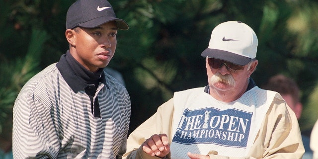 Tiger Woods with his caddie Mike "Fluff" Cowan during the 127th British Open Golf at Royal Birkdale GC in Southport 16th-19th July 1998.