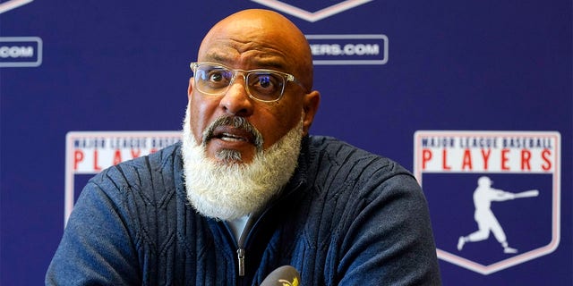 Tony Clark, Executive Director of the Major League Baseball Players Association, answers questions during a press conference in New York City, March 11, 2022.