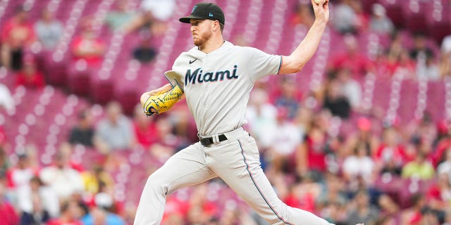 Miami Marlins starting pitcher Trevor Rogers throws during the third inning of a baseball game against the Cincinnati Reds, Monday, July 25, 2022, in Cincinnati.