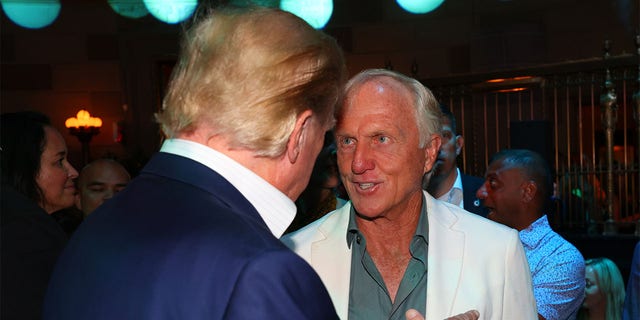 Former U.S. President Trump and Greg Norman, CEO and commissioner of LIV Golf, speak during the welcome party for the LIV Golf Invitational - Bedminster at Gotham Hall on July 27, 2022 in New York, New York. 