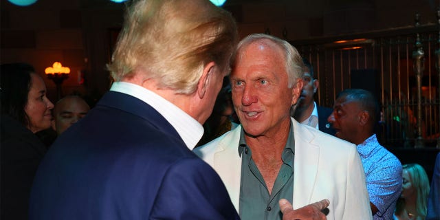 Former U.S. President Trump and Greg Norman, CEO and commissioner of LIV Golf, speak during the welcome party for the LIV Golf Invitational - Bedminster at Gotham Hall on July 27, 2022 in New York, New York.