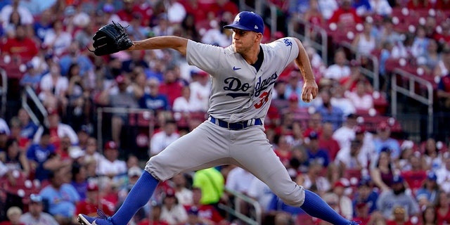 Los Angeles Dodgers starting pitcher Tyler Anderson throws during the first inning of a baseball game against the St. Louis Cardinals Thursday, July 14, 2022, in St. Louis.