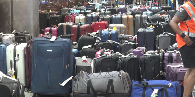 Rachel Levi Braha told Fox News Digital about her family's nightmare travel experience. She said they did not receive their luggage for a number of days after they missed their connecting flight. In this image, unclaimed luggage sits at an airport. 