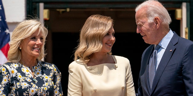 President Biden and first lady Jill Biden greet Olena Zelenska, spouse of Ukrainian's President Volodymyr Zelenskyy at the White House in Washington, Tuesday, July 19, 2022. 