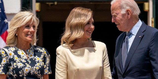 President Biden and first lady Jill Biden greet Olena Zelenska, spouse of Ukrainian's President Volodymyr Zelenskyy at the White House in Washington, Tuesday, July 19, 2022.