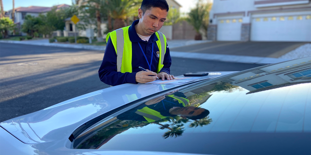 Water enforcement teams like this one in Las Vegas are tasked with spotting water wasters amid the unprecedented drought. Cameron Donnarumma, one of the investigators, issues a warning.