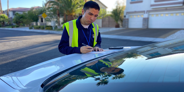 Water enforcement teams like this one in Las Vegas are tasked with spotting water wasters amid the unprecedented drought. Cameron Donnarumma, one of the investigators, issues a warning.