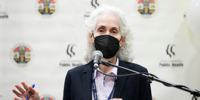 Dr. Barbara Ferrer, Los Angeles County's Department of Public Health Director, speaks during an event kicking off Coronavirus Vaccinations for Children at Eugene A. Obregon Park in Los Angeles.