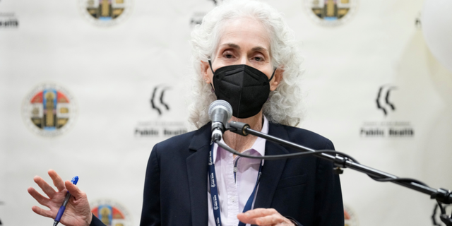 Dr. Barbara Ferrer, director of the Los Angeles County Department of Public Health, speaks during an event kicking off coronavirus vaccinations for children at Eugene A. Obregon Park in Los Angeles on Nov. 3, 2021.