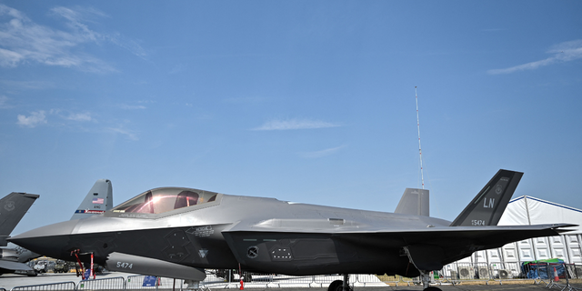 A F35 jet is displayed at the Farnborough Airshow, in Farnborough.