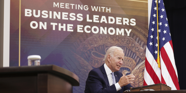 US President Joe Biden speaks in the Eisenhower Executive Office Building in Washington, D.C., US, on Thursday, July 28, 2022. The drumbeat of recession grew louder after the US economy shrank for a second straight quarter, as decades-high inflation undercut consumer spending and Federal Reserve interest-rate hikes stymied businesses and housing. 