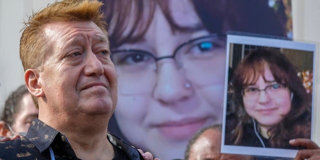 FILE - Juan Pablo Orellana Larenas, father of Valentina Orellana Peralta, speaks during a news conference outside the Los Angeles Police Department headquarters in Los Angeles on Dec. 28, 2021. The parents of Valentina Orellana Peralta, a 14-year-old girl killed by Los Angeles police in a clothing store last year, have filed a lawsuit against the department and the officer whose rifle round pierced a dressing room wall. Peralta and her mother were shopping for Christmas clothes on Dec. 23 at a Burlington store in the San Fernando Valley's North Hollywood neighborhood. (AP Photo/Ringo H.W. Chiu, File)