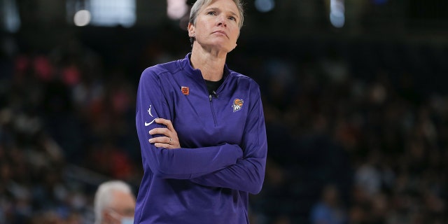 Phoenix Mercury Head Coach Vanessa Nygaard looks on during a WNBA game between the Phoenix Mercury and the Chicago Sky on July 2, 2022, at Wintrust Arena in Chicago, IL.